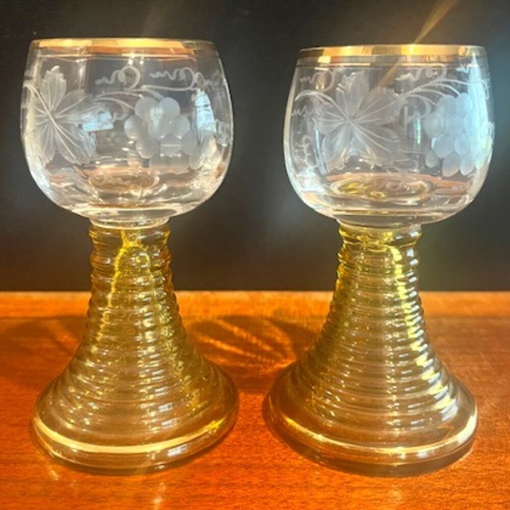 SET OF (2) GERMAN ROEMER BEEHIVE CORDIAL GLASSES GRAPE & FLOWER WITH GOLD RIM